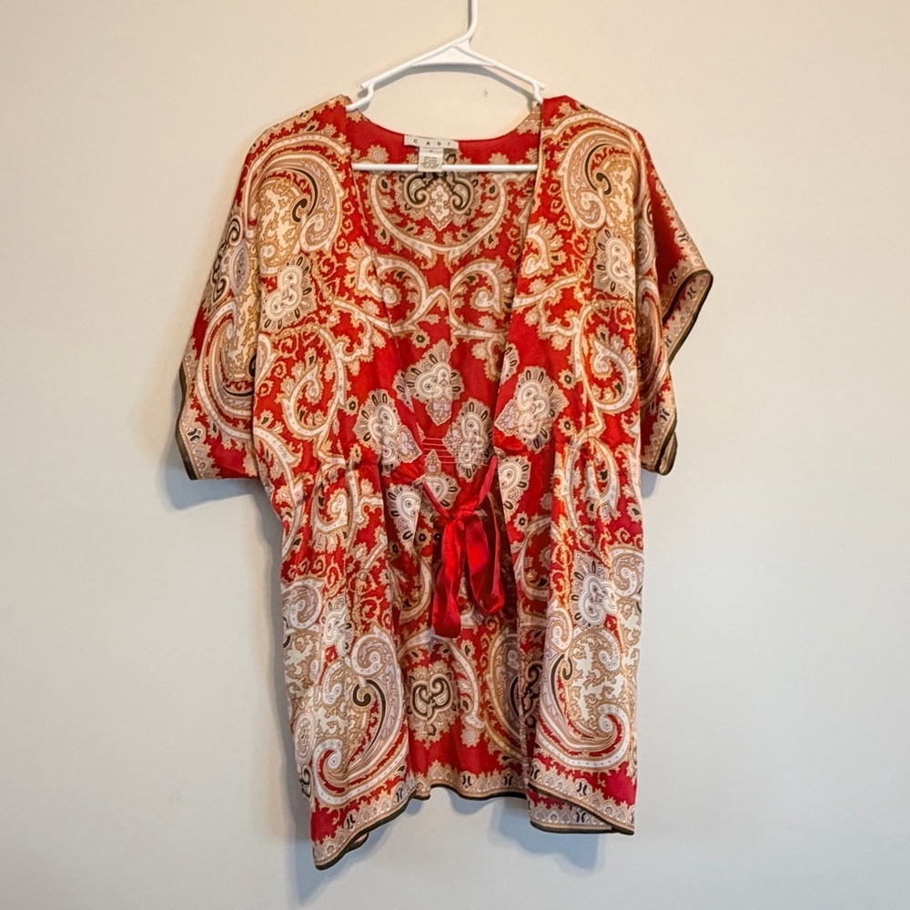 CAbi 100% Silk Red and Cream Paisley wrap tie Kimono